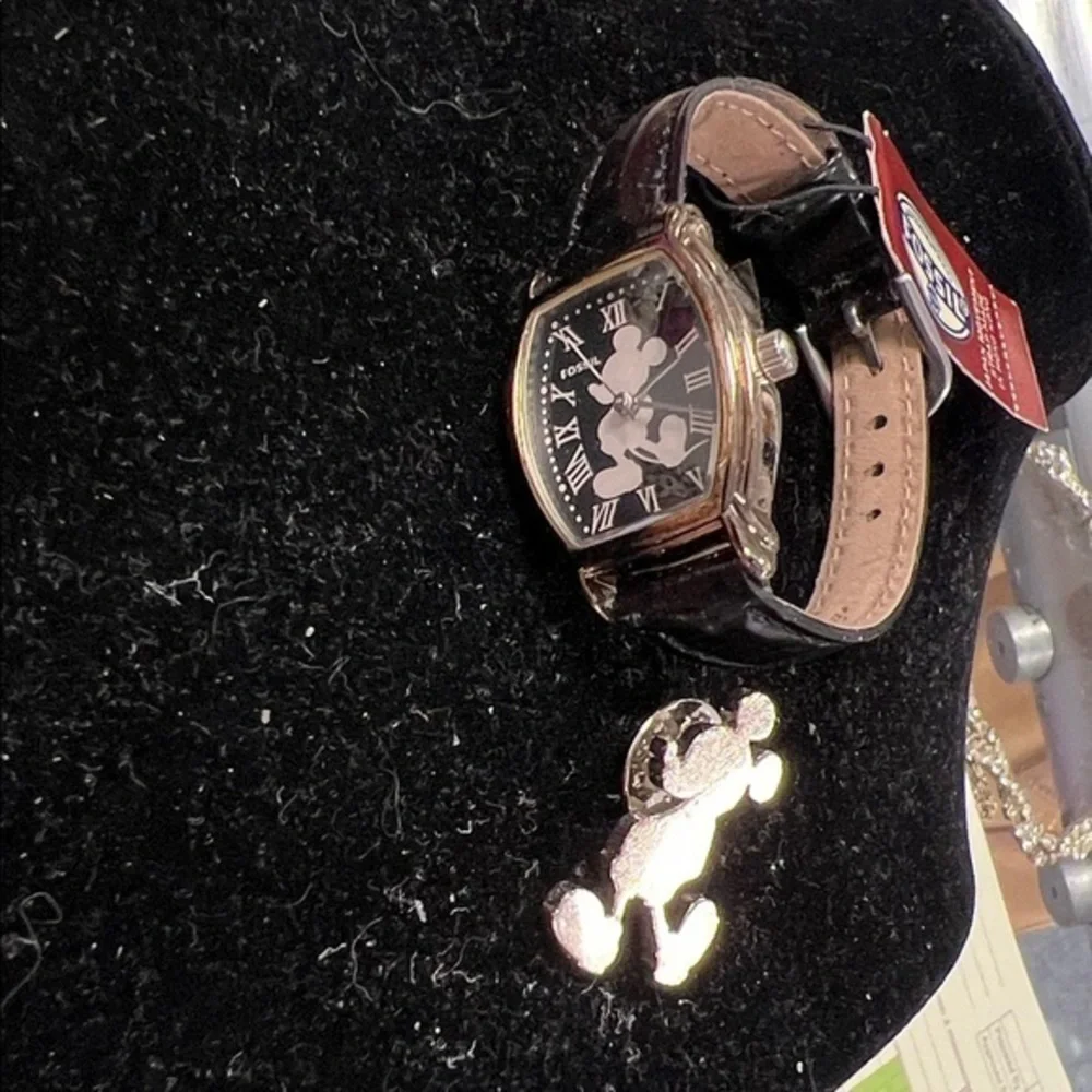 Fossil Black and Gold Mickey Mouse Watch with Mickey Mouse pin